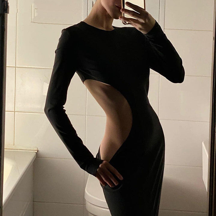 NOIR - Long Sleeve Hollow-Out O-Neck Mini Dress