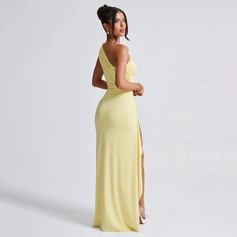 Velara Pleated One-Shoulder Maxi Dress | Elegant Summer Split Gown