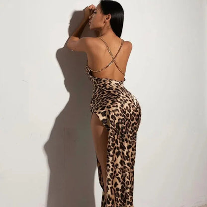 LEOPARD - Spaghetti Strap Backless Maxi Dress