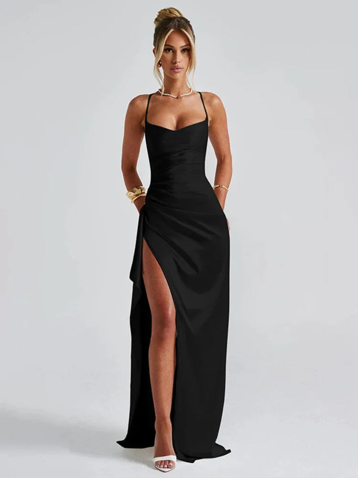 Selene Satin Split Maxi Dress | Elegant Backless Gown