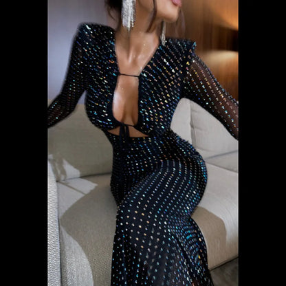 LUMINA – Sparkling Sequin V-Neck Bodycon Dress with Long Sleeves