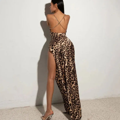 LEOPARD - Spaghetti Strap Backless Maxi Dress