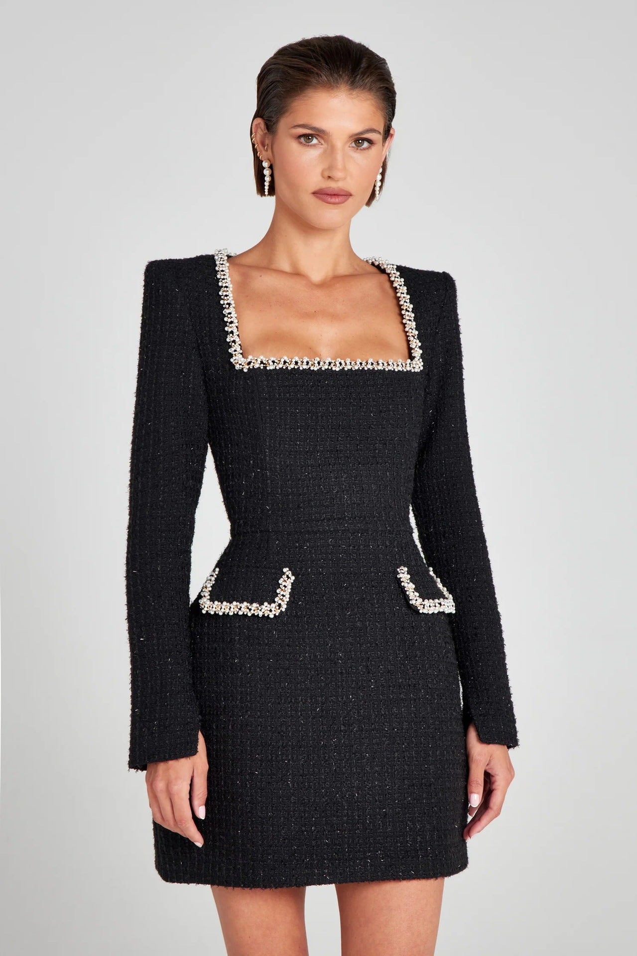 ELOSA - U-Neck Beaded Long Sleeve Dress