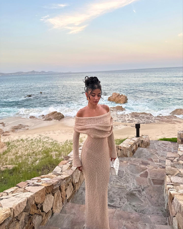 LustreGlow Maxi Dress | Sheer Off-Shoulder Design