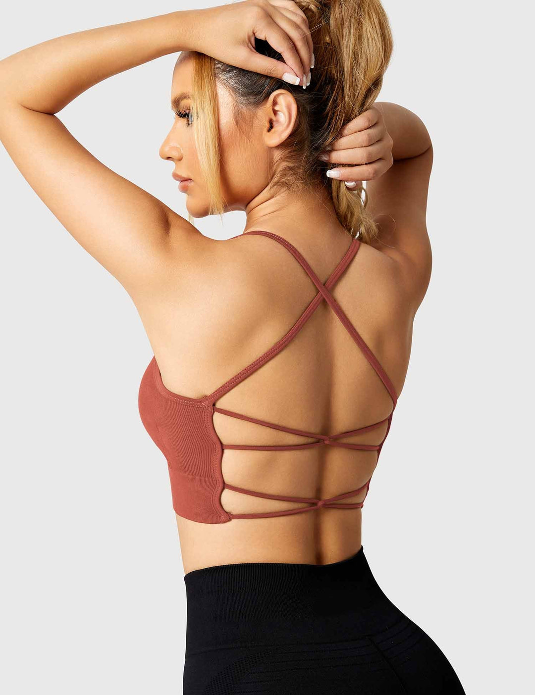 Strappy Criss-Cross Sports Bra | Seamless Rib-Knit Top with Removable Chest Pad