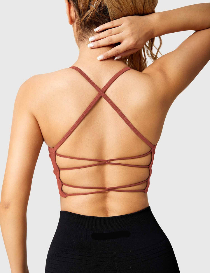 Strappy Criss-Cross Sports Bra | Seamless Rib-Knit Top with Removable Chest Pad