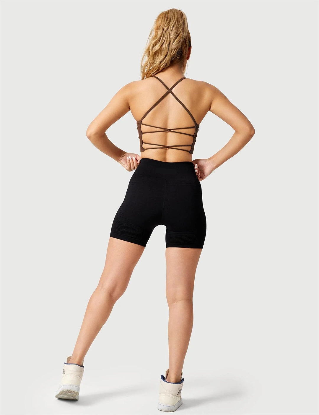 Strappy Criss-Cross Sports Bra | Seamless Rib-Knit Top with Removable Chest Pad