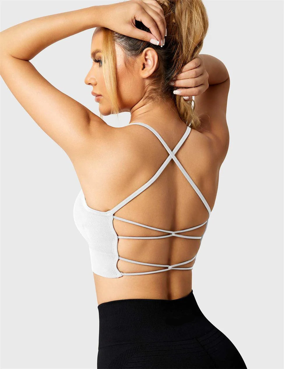 Strappy Criss-Cross Sports Bra | Seamless Rib-Knit Top with Removable Chest Pad