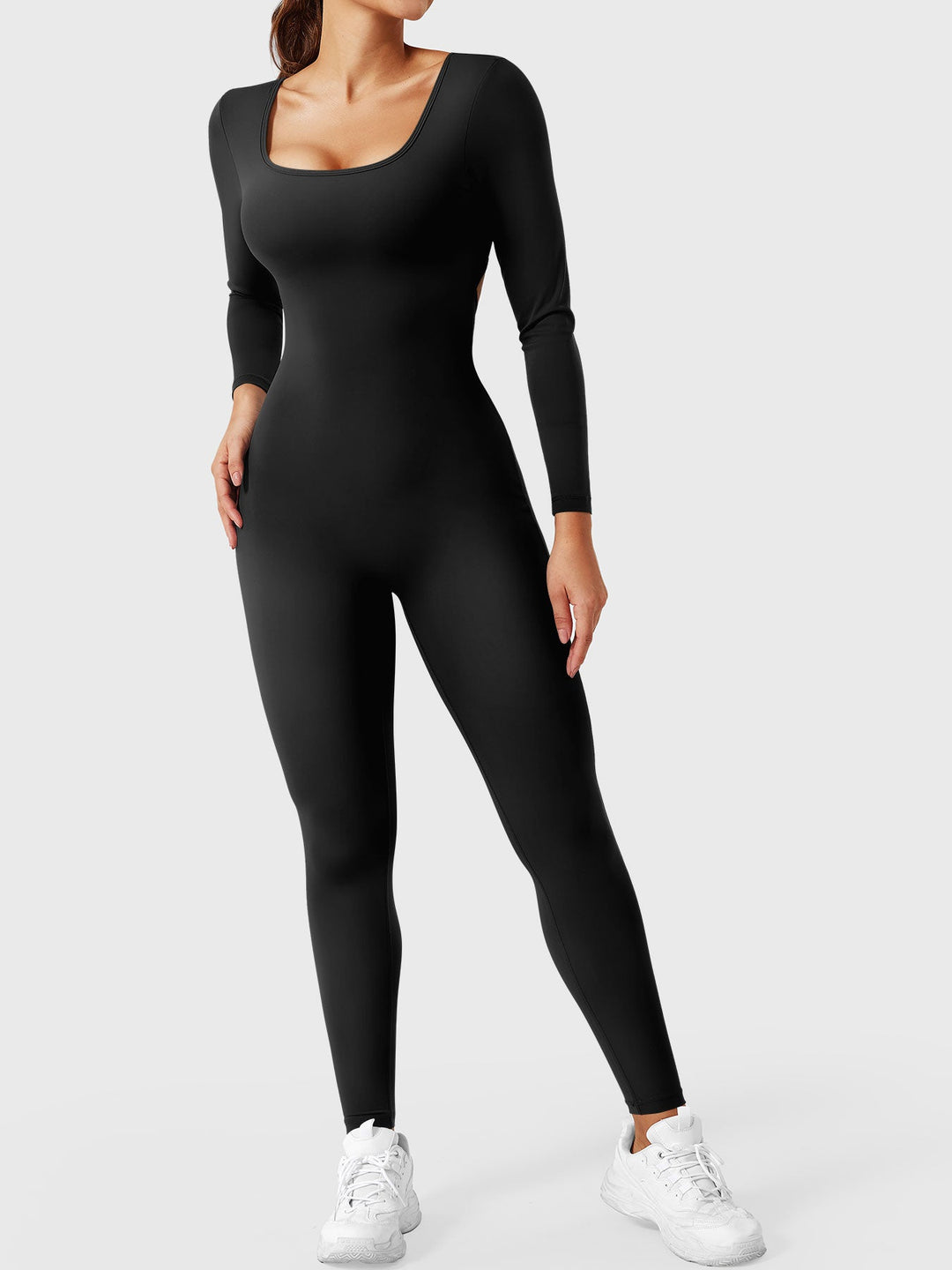 ELINA – Long Sleeve Open-Back Jumpsuit with Deep V Scrunch