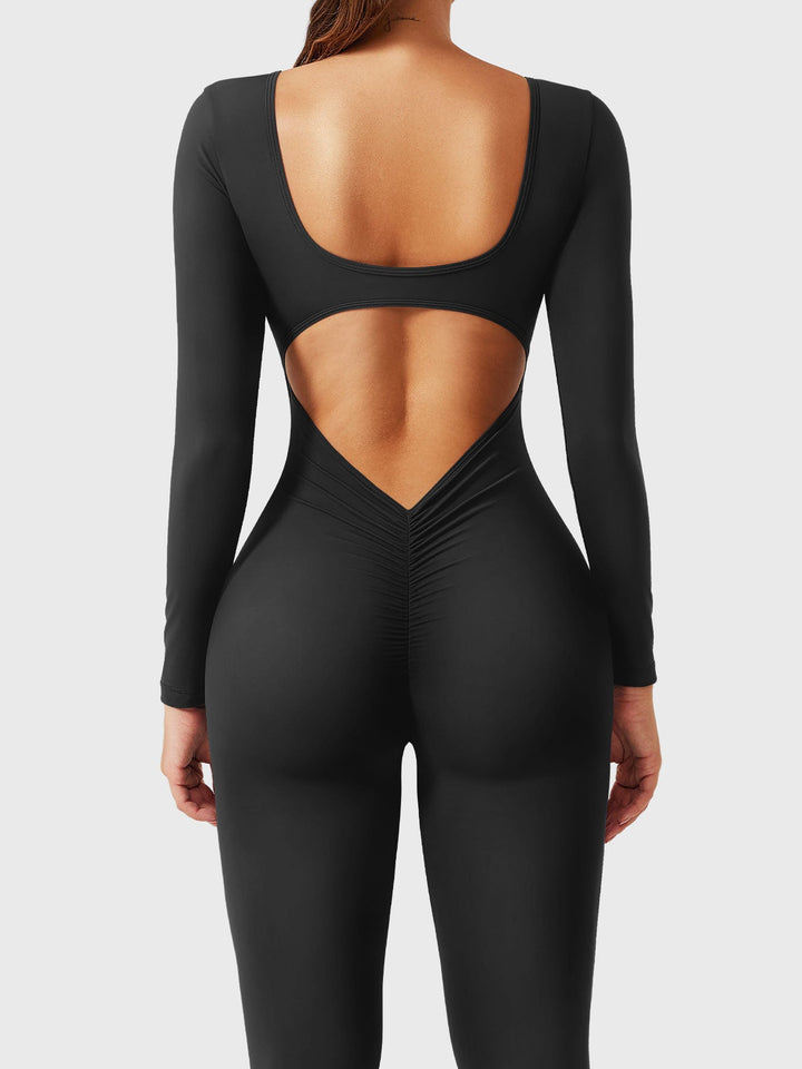 ELINA – Long Sleeve Open-Back Jumpsuit with Deep V Scrunch