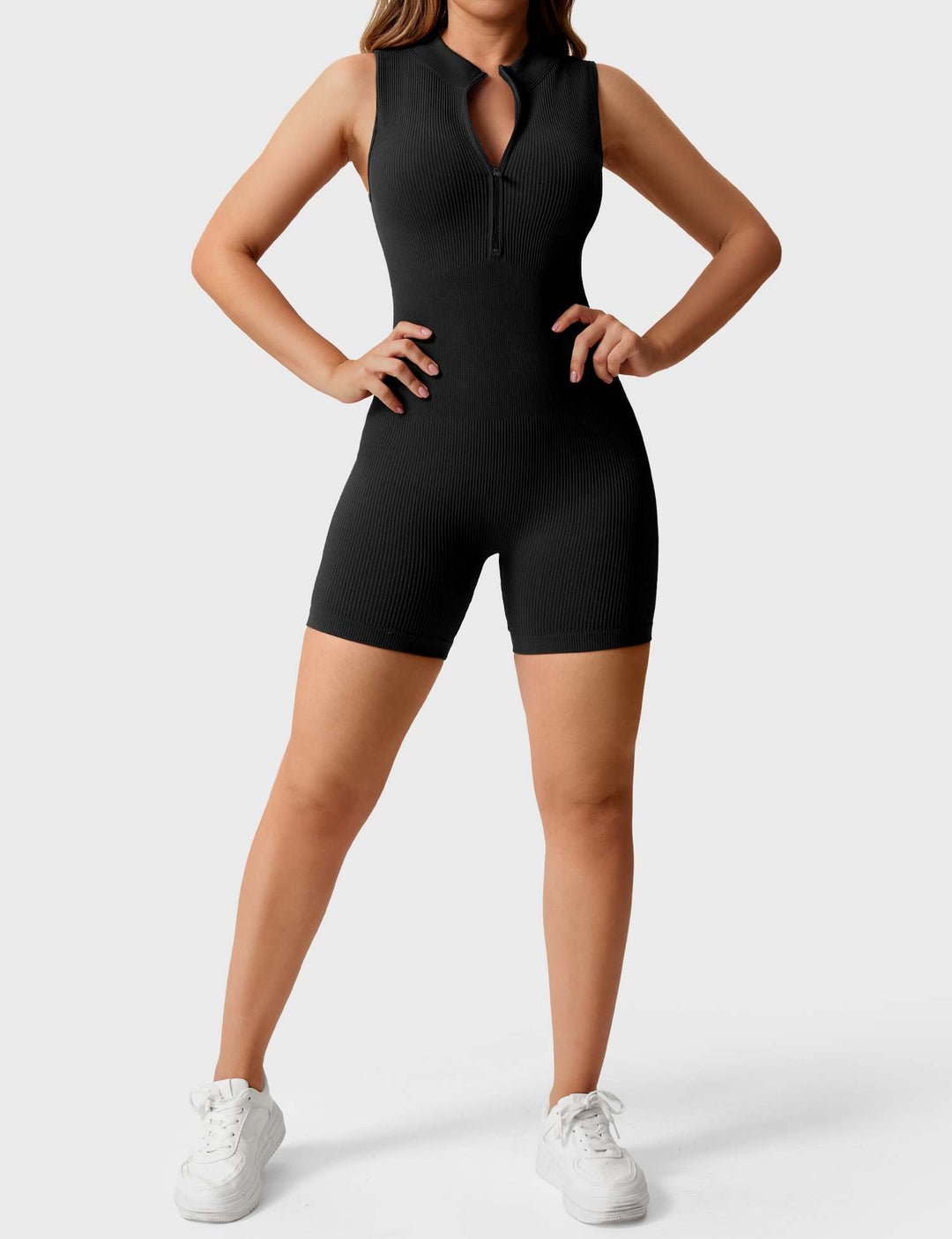 FitLuxe Ribbed Romper | Sleeveless Design & Half-Zip Collar for Style & Comfort