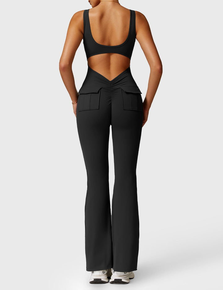 Camilla | Flared Back Pocket Jumpsuit with Deep V Back