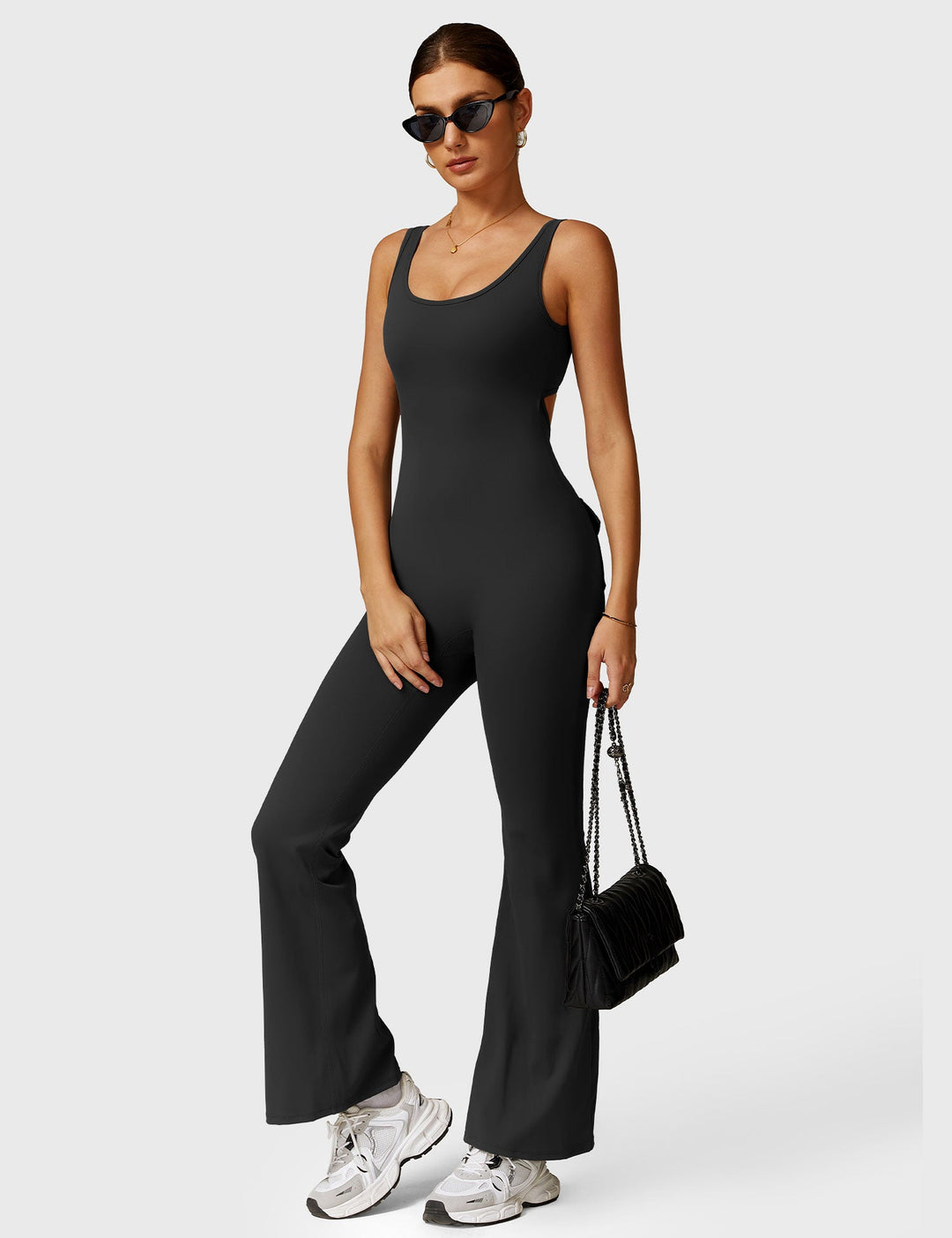 Camilla | Flared Back Pocket Jumpsuit with Deep V Back