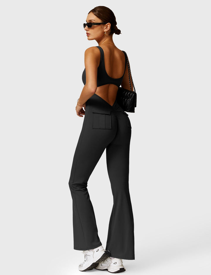 Camilla | Flared Back Pocket Jumpsuit with Deep V Back