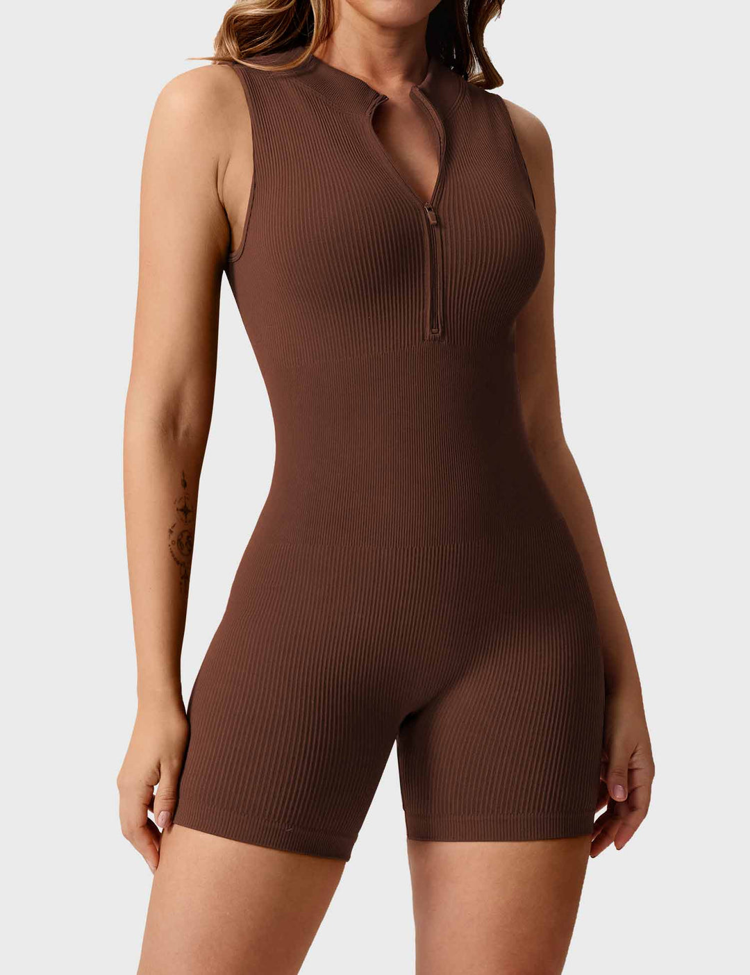 FitLuxe Ribbed Romper | Sleeveless Design & Half-Zip Collar for Style & Comfort