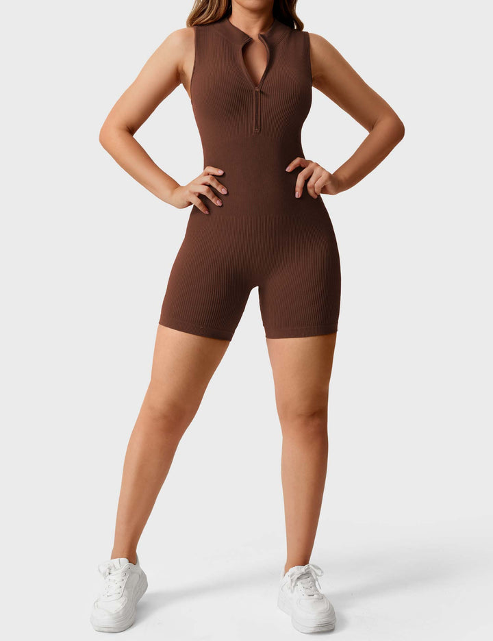 FitLuxe Ribbed Romper | Sleeveless Design & Half-Zip Collar for Style & Comfort