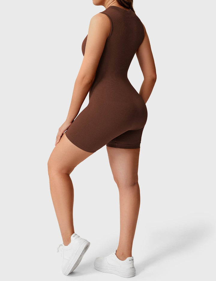 FitLuxe Ribbed Romper | Sleeveless Design & Half-Zip Collar for Style & Comfort