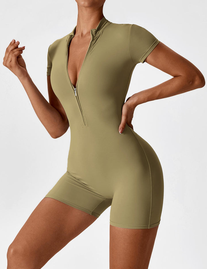 Short Sleeve Zipper Romper | Trendy Half-Zip Stand Collar & Slim-Fit Waist