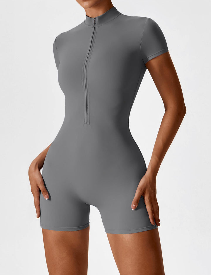 Short Sleeve Zipper Romper | Trendy Half-Zip Stand Collar & Slim-Fit Waist