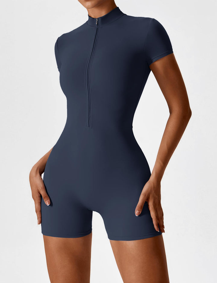 Short Sleeve Zipper Romper | Trendy Half-Zip Stand Collar & Slim-Fit Waist