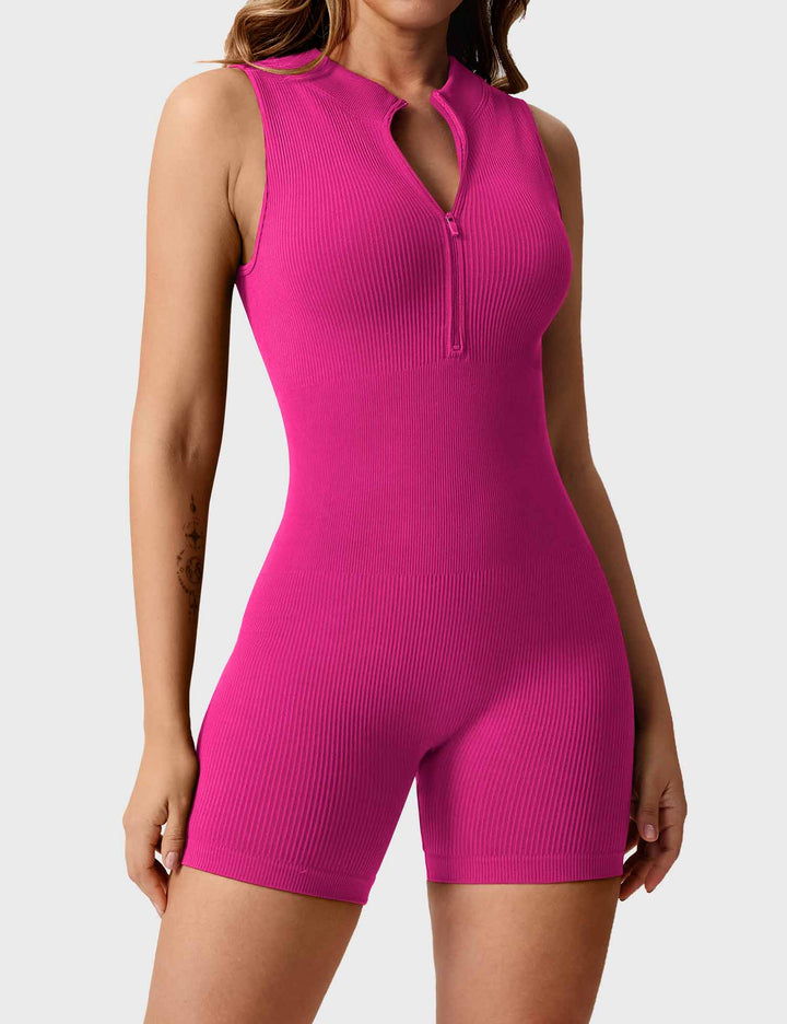 FitLuxe Ribbed Romper | Sleeveless Design & Half-Zip Collar for Style & Comfort