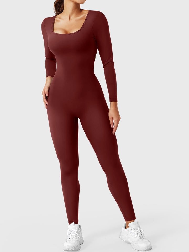 ELINA – Long Sleeve Open-Back Jumpsuit with Deep V Scrunch