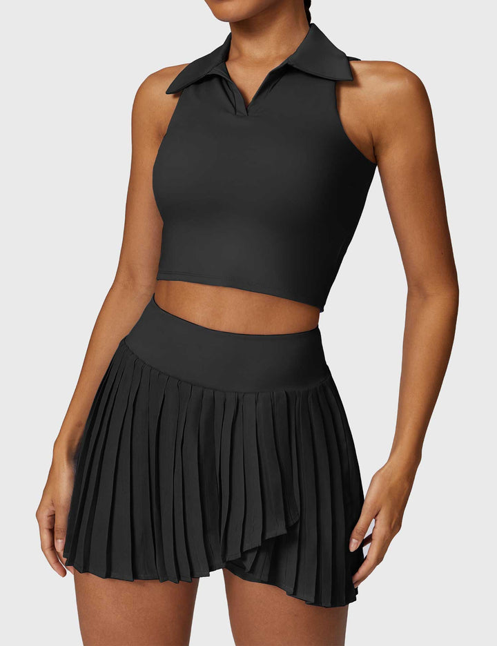 AceCourt 2-Piece Tennis Skirt Set | V-Neck Polo Top & High-Waisted Pleated Skirt