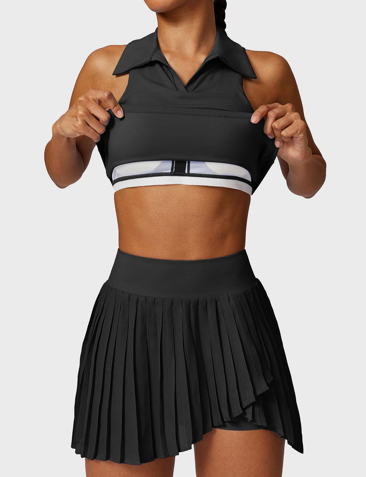 AceCourt 2-Piece Tennis Skirt Set | V-Neck Polo Top & High-Waisted Pleated Skirt