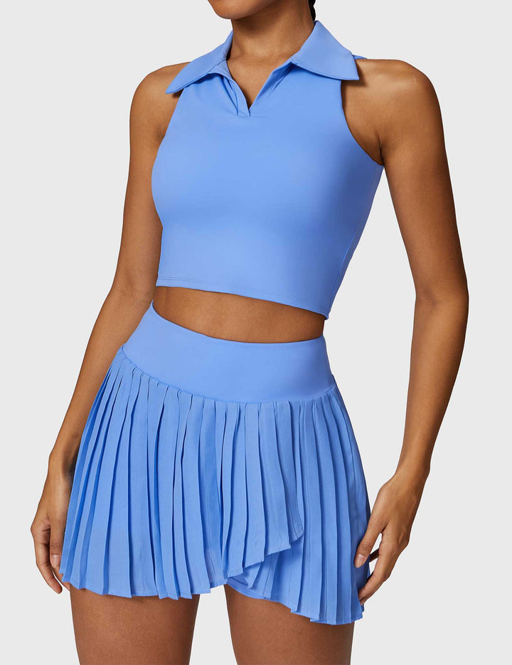 AceCourt 2-Piece Tennis Skirt Set | V-Neck Polo Top & High-Waisted Pleated Skirt