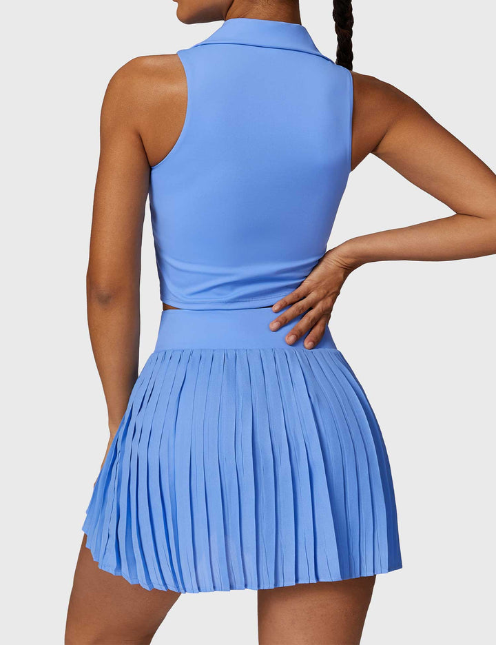 AceCourt 2-Piece Tennis Skirt Set | V-Neck Polo Top & High-Waisted Pleated Skirt