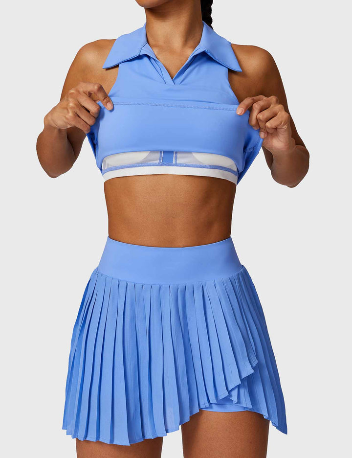 AceCourt 2-Piece Tennis Skirt Set | V-Neck Polo Top & High-Waisted Pleated Skirt