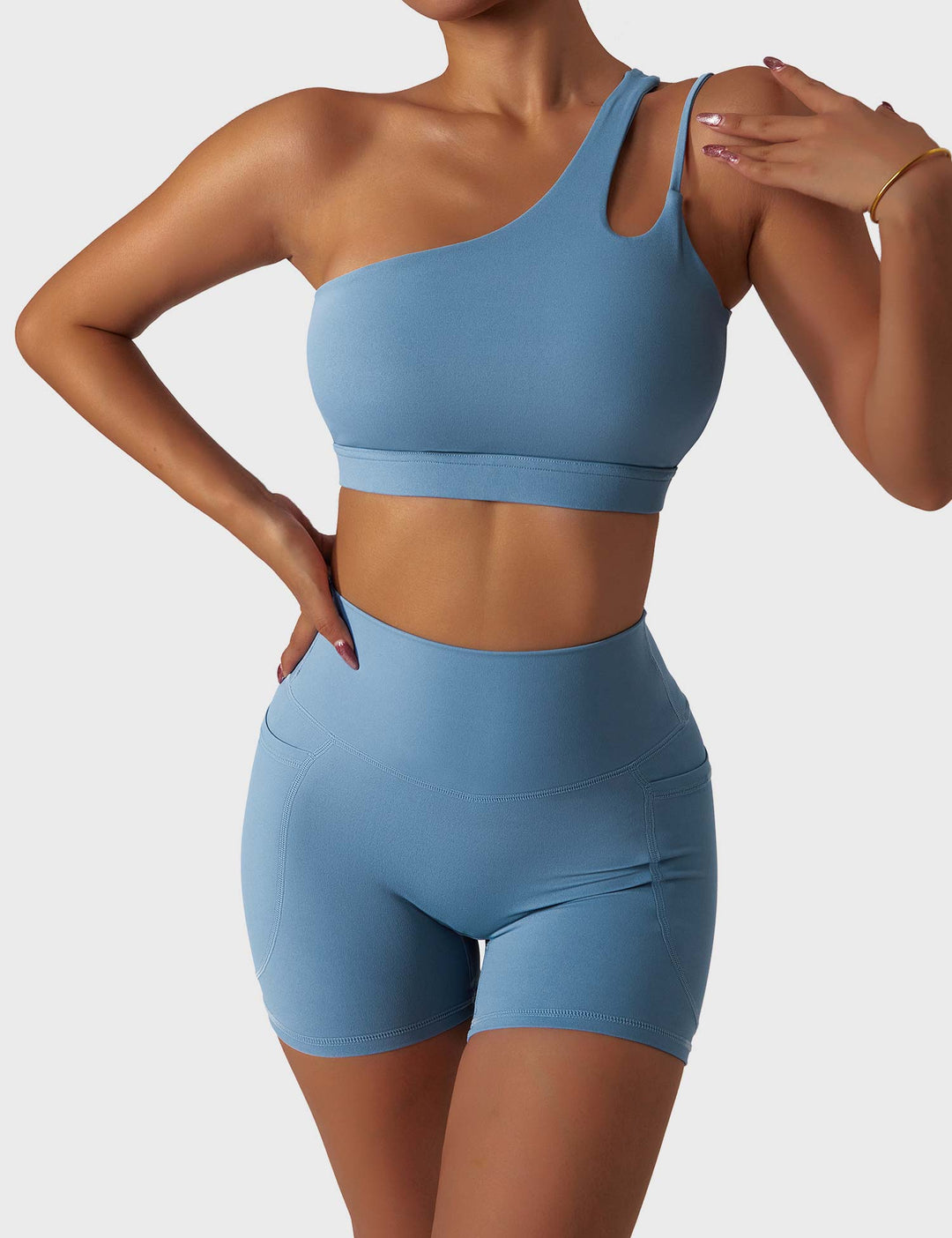 Athléva Luxe Activewear Set | Asymmetrical One-Shoulder Top with High-Waisted Shorts or Leggings