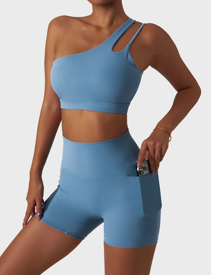 Athléva Luxe Activewear Set | Asymmetrical One-Shoulder Top with High-Waisted Shorts or Leggings