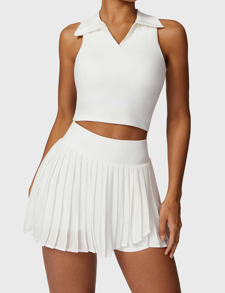 AceCourt 2-Piece Tennis Skirt Set | V-Neck Polo Top & High-Waisted Pleated Skirt