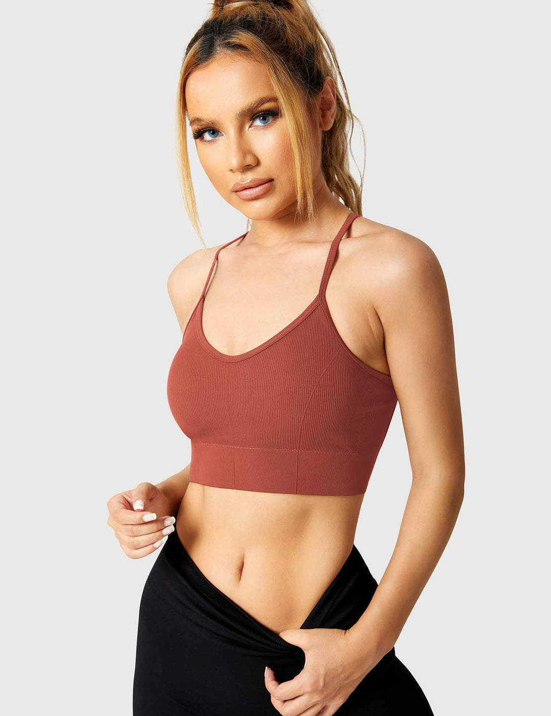 Strappy Criss-Cross Sports Bra | Seamless Rib-Knit Top with Removable Chest Pad