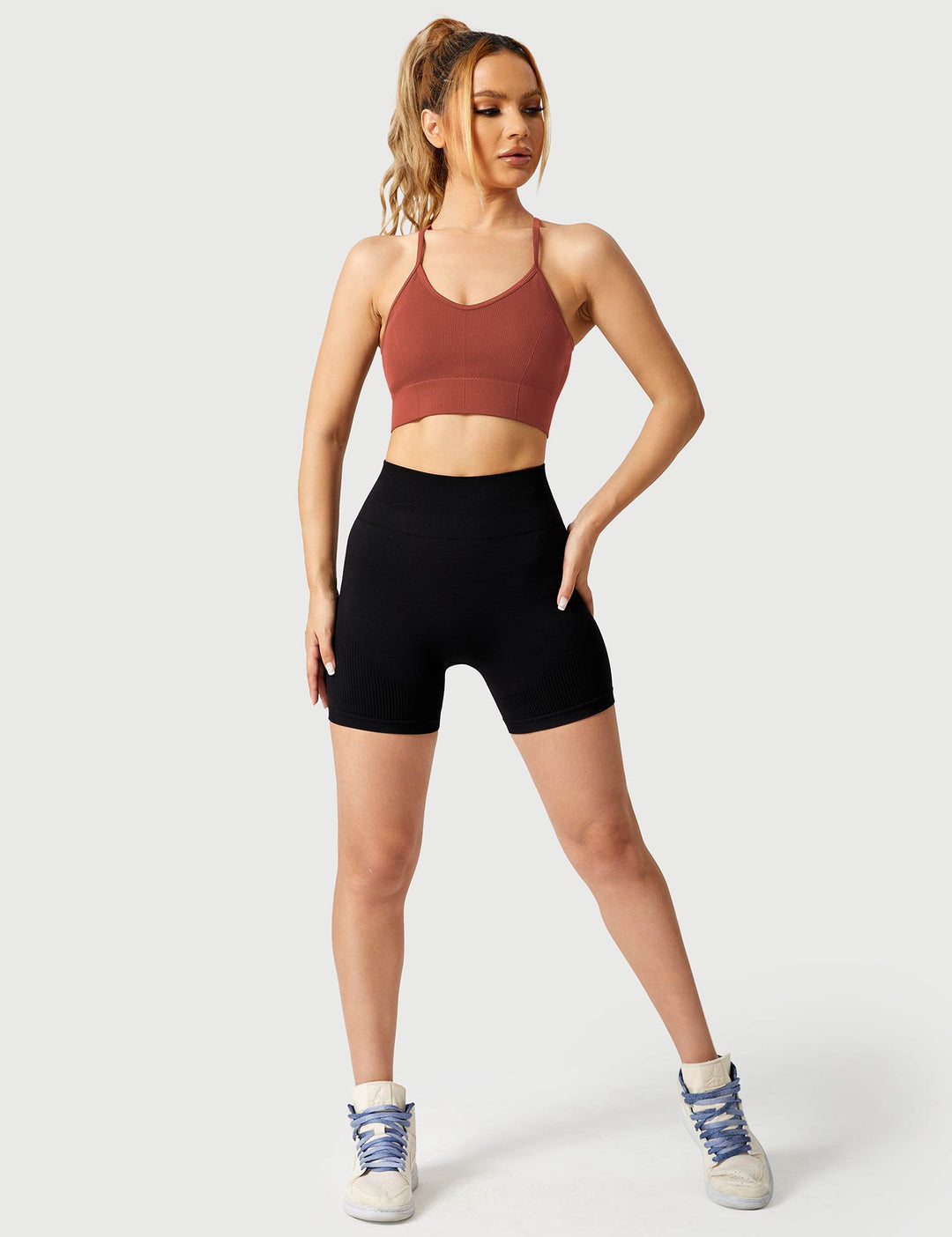 Strappy Criss-Cross Sports Bra | Seamless Rib-Knit Top with Removable Chest Pad