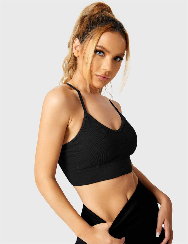 Strappy Criss-Cross Sports Bra | Seamless Rib-Knit Top with Removable Chest Pad