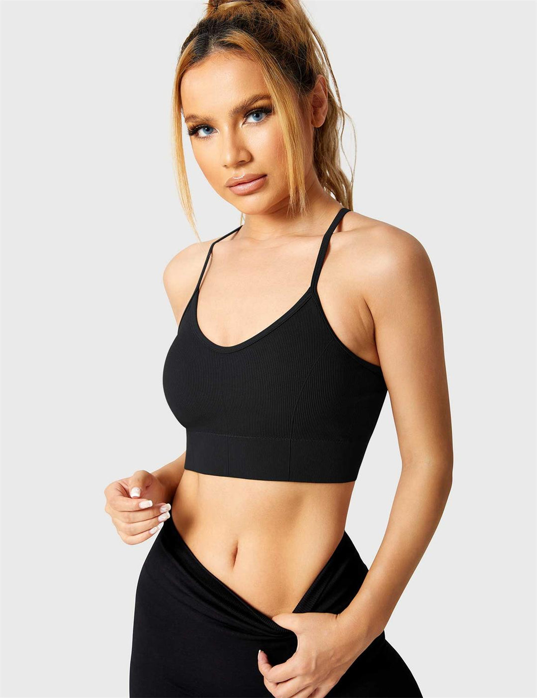 Strappy Criss-Cross Sports Bra | Seamless Rib-Knit Top with Removable Chest Pad