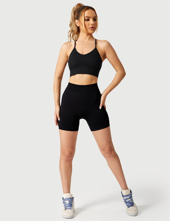 Strappy Criss-Cross Sports Bra | Seamless Rib-Knit Top with Removable Chest Pad