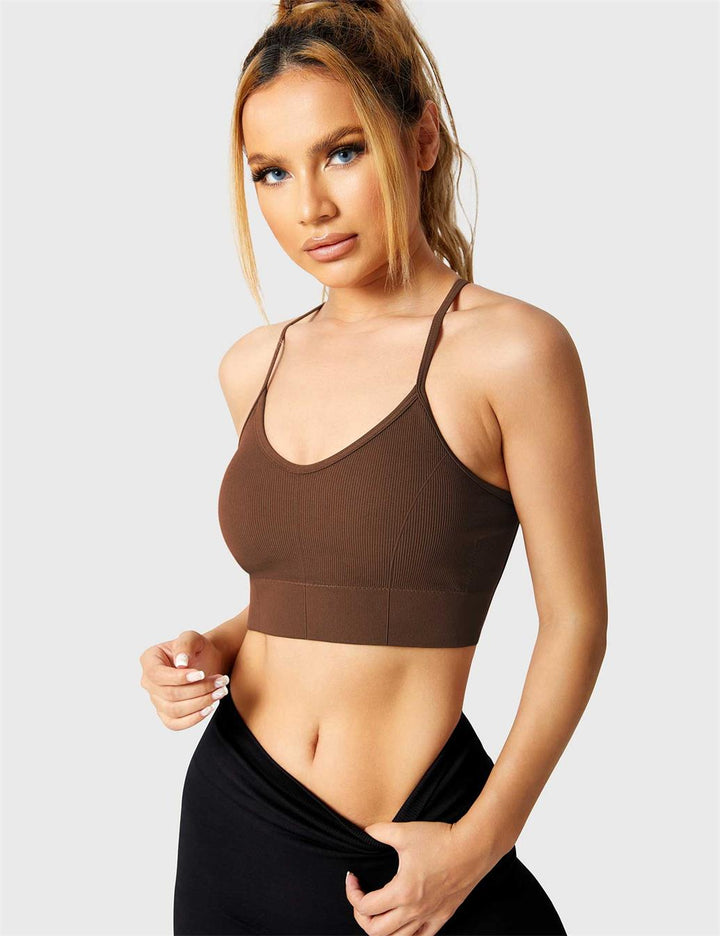 Strappy Criss-Cross Sports Bra | Seamless Rib-Knit Top with Removable Chest Pad