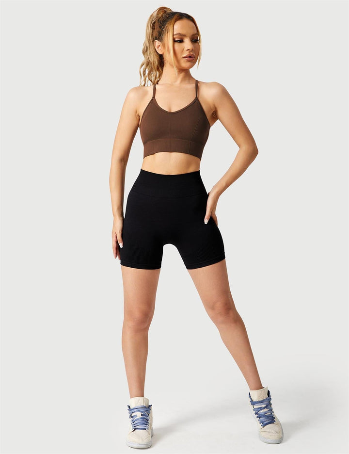 Strappy Criss-Cross Sports Bra | Seamless Rib-Knit Top with Removable Chest Pad