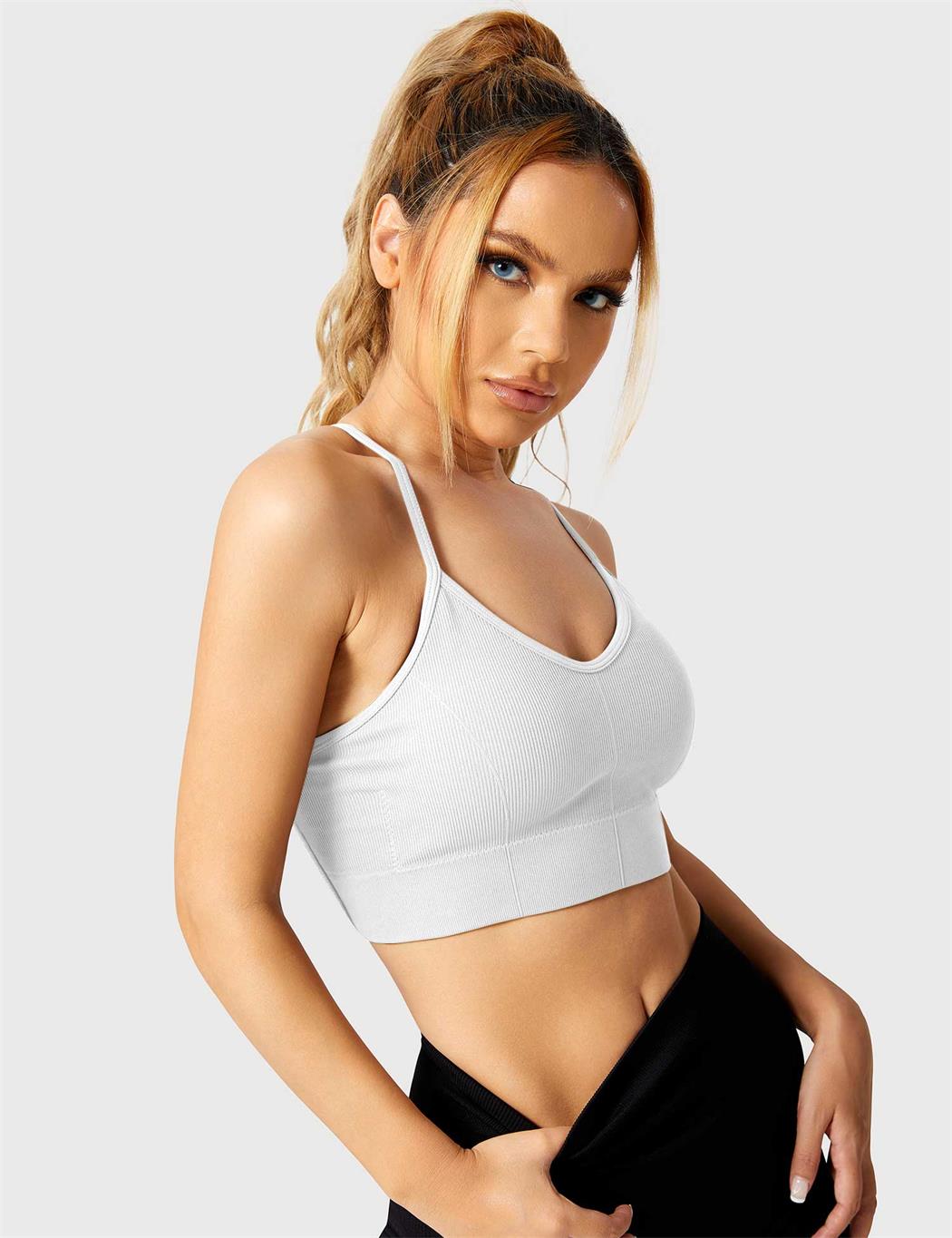 Strappy Criss-Cross Sports Bra | Seamless Rib-Knit Top with Removable Chest Pad