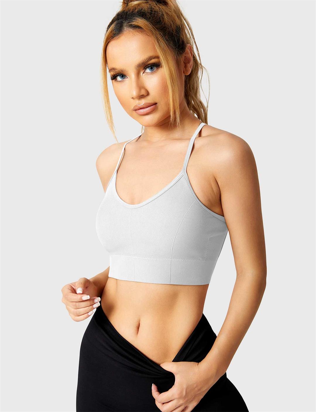 Strappy Criss-Cross Sports Bra | Seamless Rib-Knit Top with Removable Chest Pad